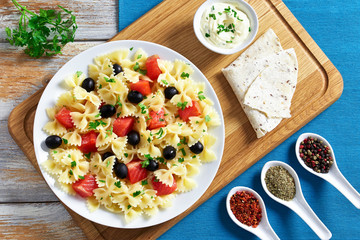 pasta salad Farfalle with Smoked Salmon, top view