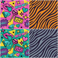 Set of seamless patterns. The 90's and the 80's style. Vector illustration.