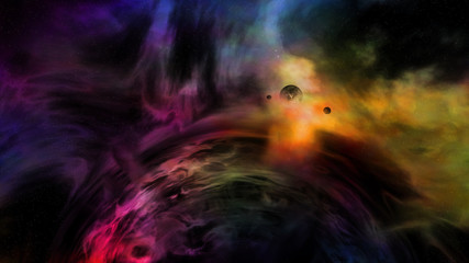 Obraz na płótnie Canvas black hole with gravitational lens effects colorful nearby nebula, planet and moons (3d illustration)