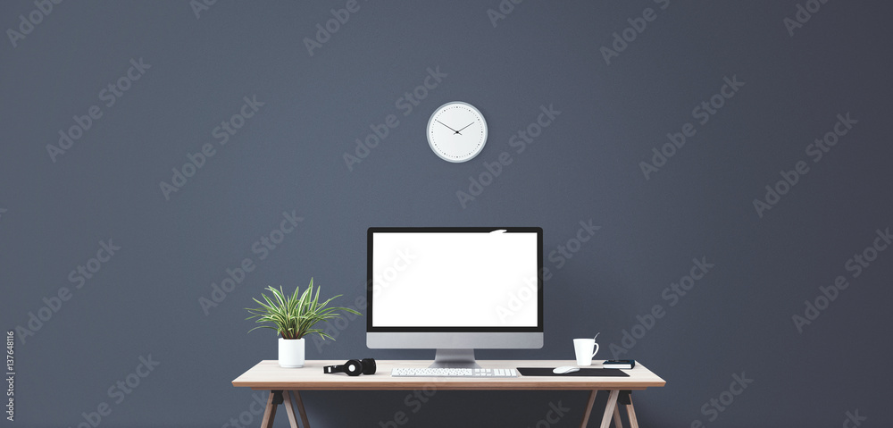 Wall mural computer display and office tools on desk. desktop computer screen isolated. modern creative workspa