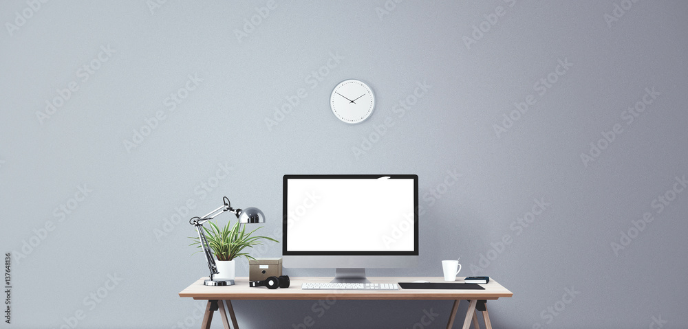 Wall mural computer display and office tools on desk. desktop computer screen isolated. modern creative workspa
