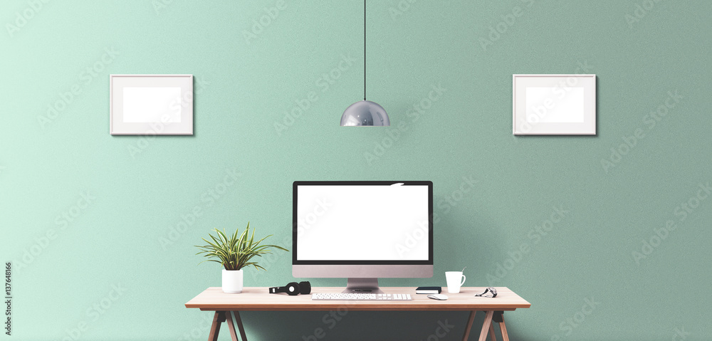 Wall mural computer display and office tools on desk. desktop computer screen isolated. modern creative workspa