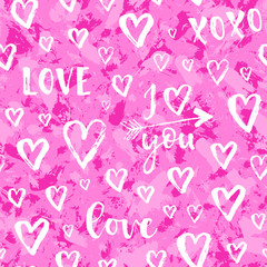 Vector fashion seamless pattern with hearts on Happy Valentines Day. Doodle style