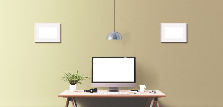 Computer display and office tools on desk. Desktop computer screen isolated. Modern creative workspace background. Front view