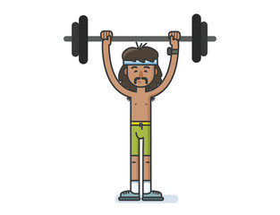 Funny cartoon character sportsman with a barbell. 