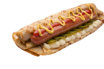 Pancake with sausage, mustard and pickled cucumber