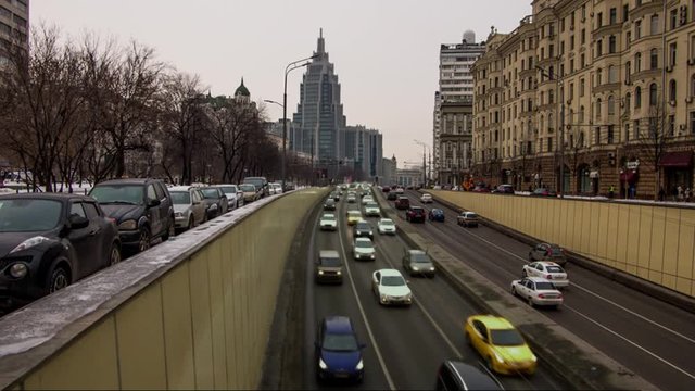 Urban traffic in Moscow on a cloudy day