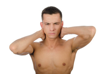 Fototapeta premium Massage. Pain in the neck. Stress and muscle pain. Young man holding neck.