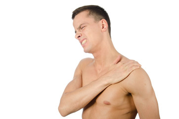 Massage. Pain in the neck. Stress and muscle pain. Young man holding neck.
