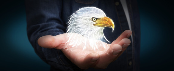 Person holding fractal endangered eagle illustration 3D rendering