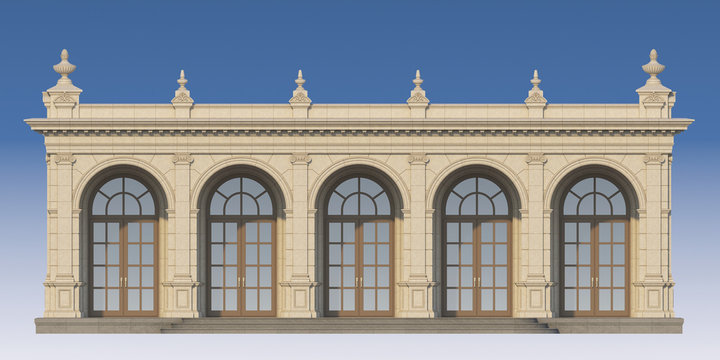 arcade with ionic pilasters in classic style. 3d render