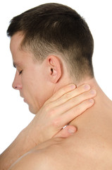 Obraz premium Pain and despair. Sad young guy. Stress and muscle pain. Young man holding neck.