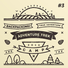 Set of hiking and camping symbols and elements in vintage style. Vector illustration