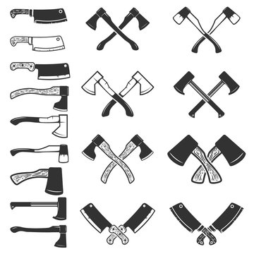 Set of the axe icons isolated on white background. Meat cleaver. Design element for logo, label, emblem, sign, poster. Vector illustration.