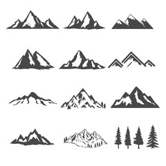 set of the mountains illustrations isolated on white background. Design elements for logo, label, emblem, sign, brand mark.