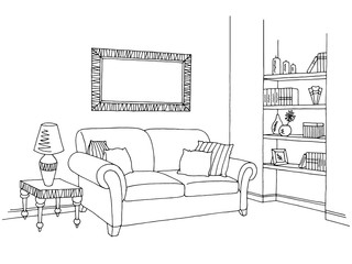 Living room graphic black white interior sketch illustration vector