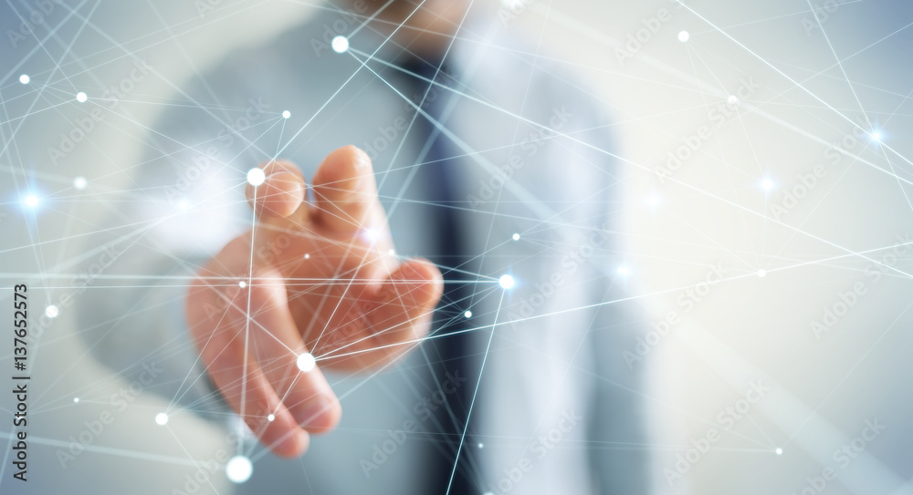 Poster dot flying network touched by businessman 3d rendering