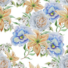 Seamless pattern with flowers. Lily. Pansies. Rose.