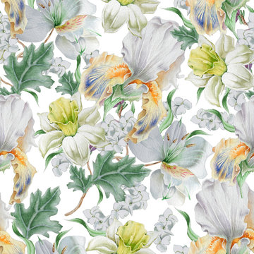 Seamless pattern with flowers. Narcissus. Iris. Lily. Watercolor illustration.
