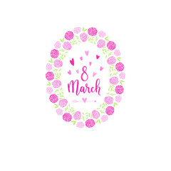 Love greeting card, poster with border, wreath, garland. Vector holiday background with hand lettering.