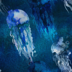 watercolor jellyfish seamless pattern - 137654380