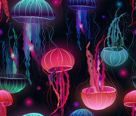 sea party pink jellyfish seamless pattern - 137654534