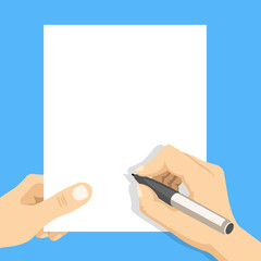 Hand holding blank sheet of paper and hand with pen. Modern flat design vector illustration