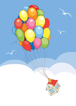 Travel without leaving home / Vector illustration, house flies on a bunch of balloons