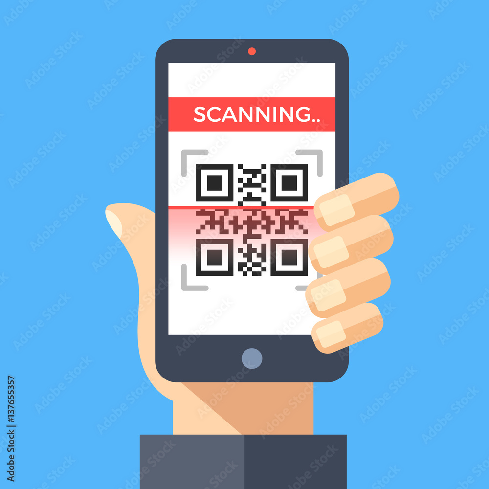 Poster scanning qr code with smartphone. processing, reading qr code with mobile phone. hand holding smartp