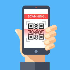 Scanning QR code with smartphone. Processing, reading QR code with mobile phone. Hand holding smartphone. Flat design graphic concept. Vector illustration