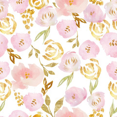 watercolor rose and glitter flower seamless pattern - 137655380
