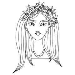 Portrait of a beautiful girl with long hair with flower and leaves