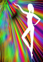 Young woman silhouette in ballet pose on rainbow ray abstract background