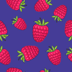 Seamless Pattern of Raspberries, Fruit Berry Pattern on Purple Background, Vector Illustration