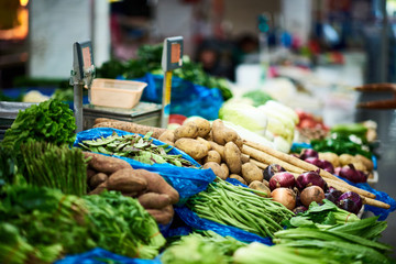 Vegetable market in Shanghai, China. Focus on potatoes.