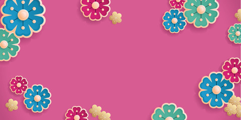 Card with  flowers.  Frame of Colorful Flowers on Pink Background. Vector image.