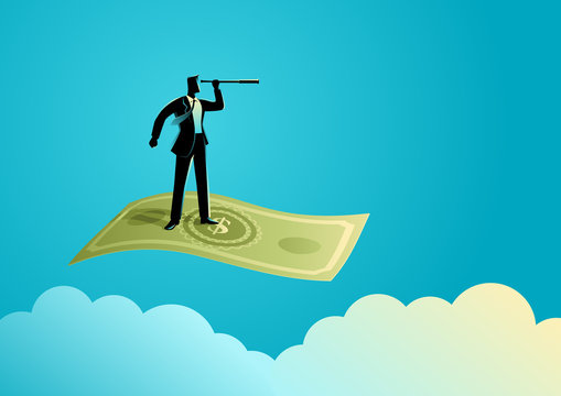 Businessman with telescope flying on banknote