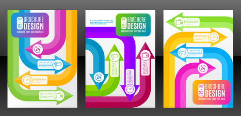 Vector flyer template design with colorful arrows and icons. Leaflet cover presentation abstract flat background. Brochure cover design with arrows. Eps 10
