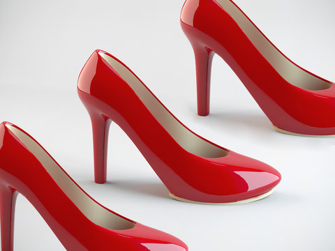 Realistic red women shoes on white background with soft vignette, 3d illustration.