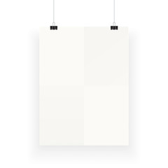 White vertical poster template hanging on clips, isolated on background. Poster realistic mokcup. 