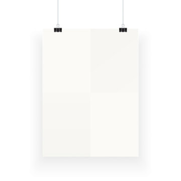 White Vertical Poster Template Hanging On Clips, Isolated On Background. Poster Realistic Mokcup. 