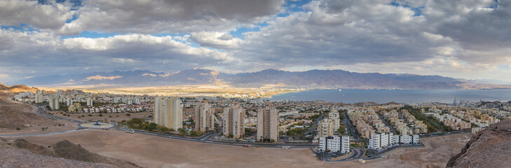 Panoramic aerial view on the Eilat (Israel) and Aqaba (Jordan) cities and northern shore of the Aqaba gulf, Red Sea