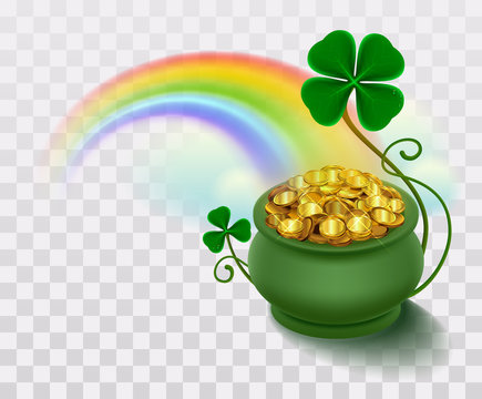 Rainbow, green leaf lucky clover and pot full of gold