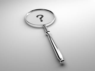 magnifying glass with question mark on white background.
