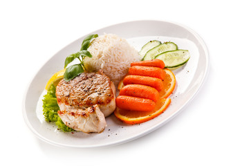 Grilled steaks, rice and vegetables 