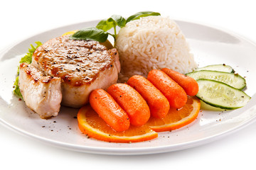 Grilled steaks, rice and vegetables 
