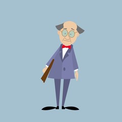 clever old Professor with glasses, holding a folder. cartoon character. Vector