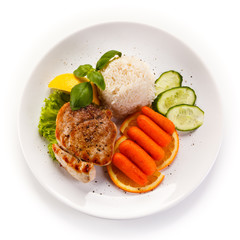 Grilled steaks, rice and vegetables 