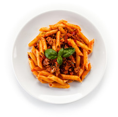 Penne with meat, tomato sauce and vegetables 