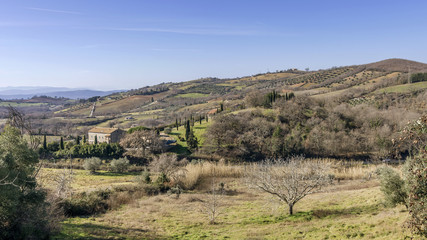 Fototapeta na wymiar Superb panoramic view of the Tuscan Maremma countryside near Manciano, Grosseto, Toscano, Italy